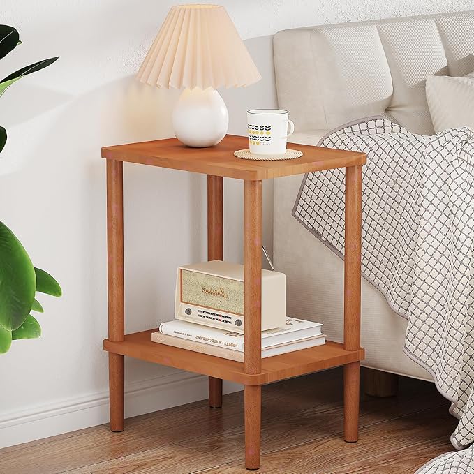 LUCKNOCK Solid Wood Side Table, 2-Tier Small End Table with Storage Shelf, Narrow Nightstand Bedside Table for Small Spaces, Bedroom, Living Room, Farmhouse, No-Tool Assembly.