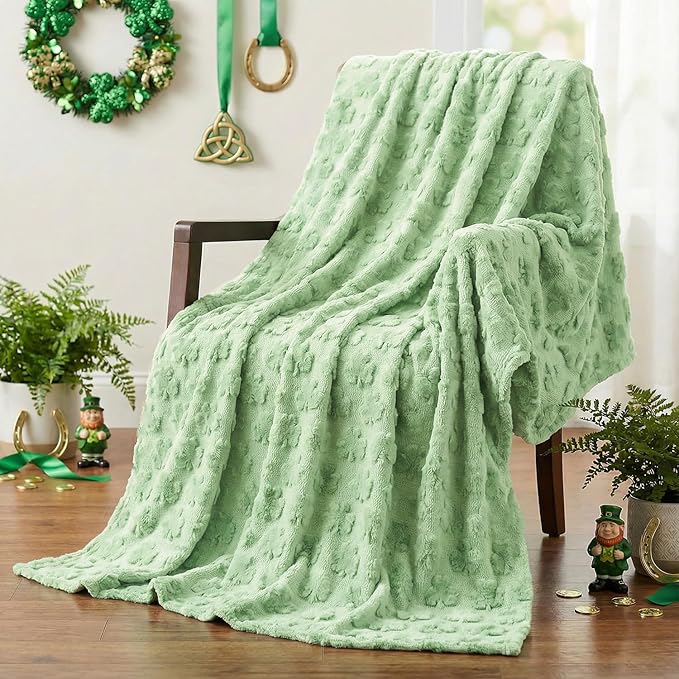 Horaldaily St. Patrick's Day Solid Blanket Throw, Green Shamrock Soft Fuzzy Plush Faux Fur Cozy Blankets for Couch Sofa Bed Lounging, Ideal Gifts for Kids Adults Wife Self, 50x60