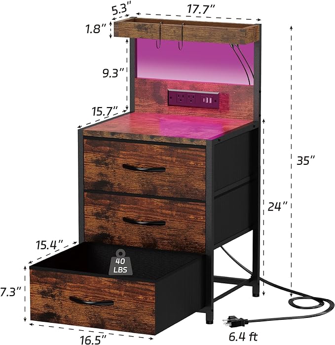 Nightstands Set of 2, End Table with LED Light and Charging Station Type C, 3 Drawers Storage Dresser Night Stand with Hooks, Tall Bed Side Table for Bedroom Dorm, Rustic Brown