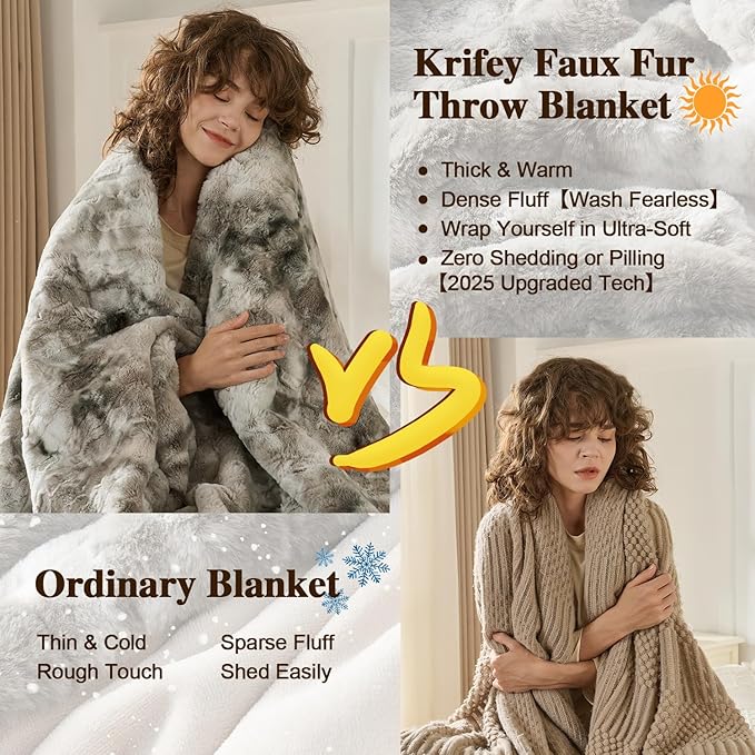 Krifey Faux Fur Throw Blanket, Soft Fluffy Cozy Blanket for Couch, Luxury Mink Blanket Warm Bed Throw, Plush Christmas Birthday Gifts for Women, Room Home Dorm Decor, Marbled Gray 50" x 60", 600GSM