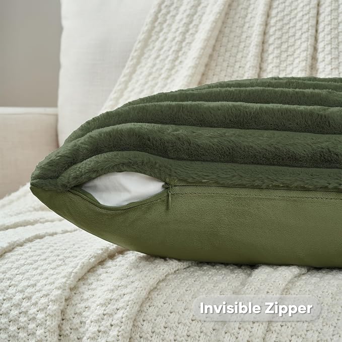 FUTEI Olive Green Decorative Throw Pillow Covers Set of 2, 22x22 Inch Soft Fluffy Faux Fur Plush Striped Cushion Cases, Modern Home Decor for Couch Bed Living Room