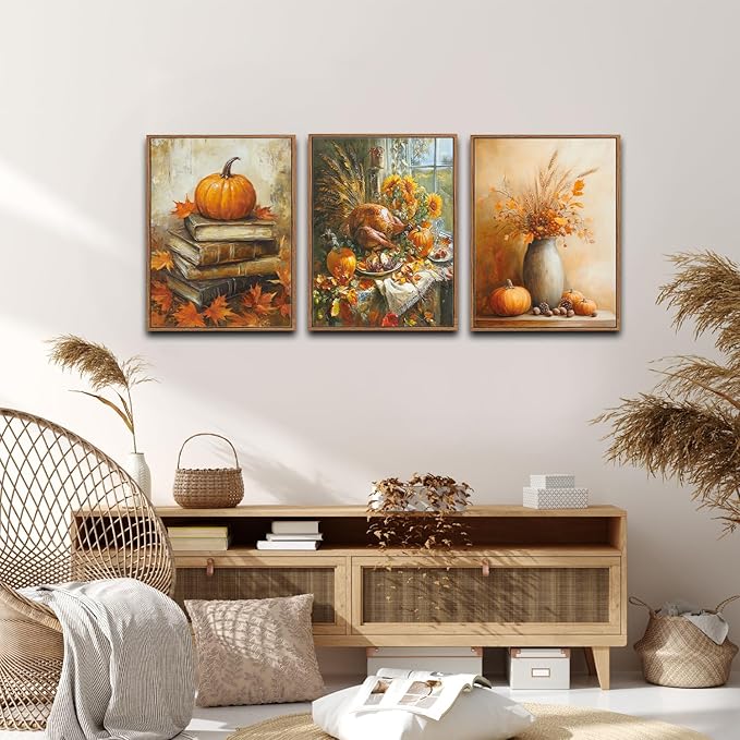 CHDITB Fall Pumpkin Framed Wall Art, Autumn Harvest Wall Decor, Nature Maple Leaves Seasonal Wall Painting, Halloween Thanksgiving Festival Party Art Prints For Living Room Kitchen Decor 12”X16”x3