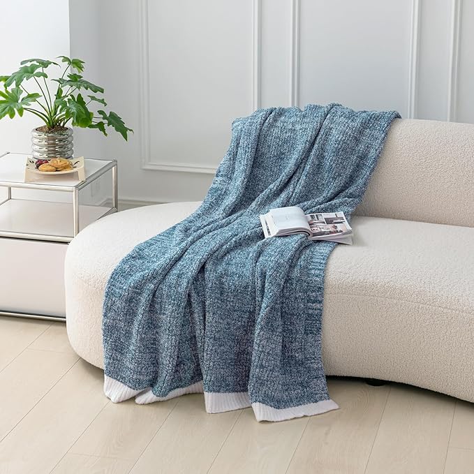 MH MYLUNE HOME Ultra Soft Ribbed Throw Blanket for Couch 50x60 Inches Luxurious Super Cozy Fluffy Microfiber Blanket Plush Warm Reversible Throw Blankets for Sofa Bed - Blue 50 x 60 Inches