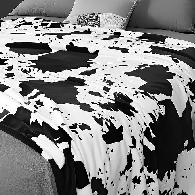 Cow Print Blanket, Ultra Soft Cozy Throw for Couch Bed and Travel, Cow Decor Throw Blankets for All Seasons 60"x80" (Black)