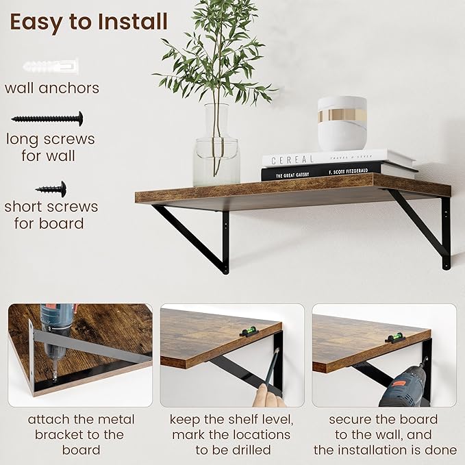 Axeman 12 Inch Deep Floating Shelves for Wall - 24 Inch Wide x 12 Inch Deep Wall Shelves Set of 2 - Rustic Wood Floating Shelves for Living Room