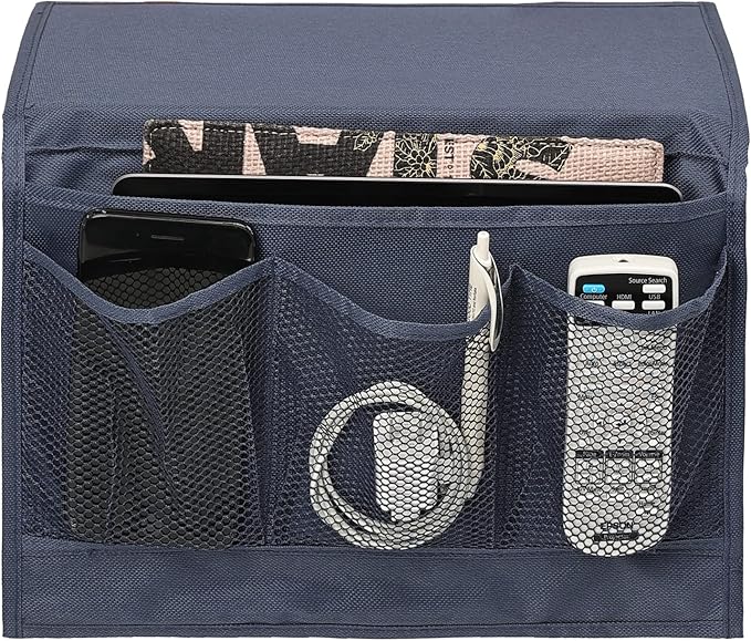 Surblue Bedside Caddy 4 Pockets Bedside Storage Organizer for TV Remote Control Phone Glasses Magazine (Navy)