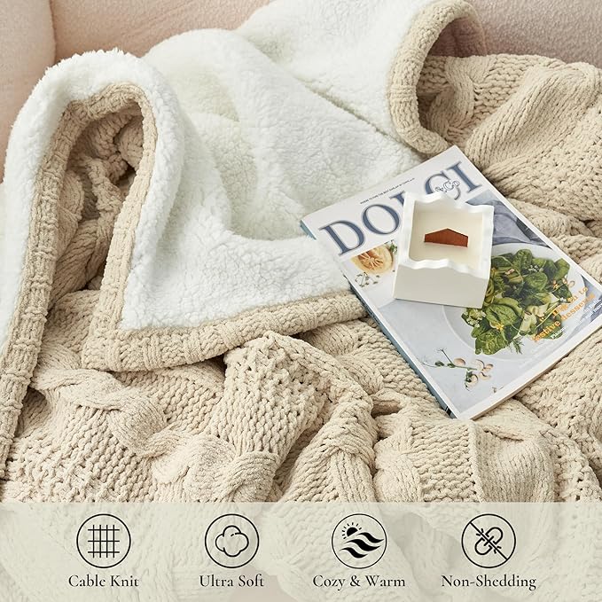 Amélie Home Cable Knit Throw Blanket for Couch, Chenille Sherpa Soft Cozy Throw Blankets for Sofa Chair Comfortable Home, 50"x60", Beige