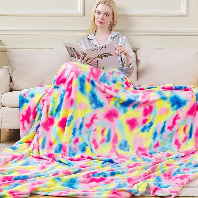 Colorful Blanket Queen Size- Premium Lightweight Anti-Static Rainbow Throw Soft Couth Sofa Cozy Warm Flannel Blankets Plush Gift for Daughter Mom, Bedroom Decor 90" x 90"(Rainbow Queen)
