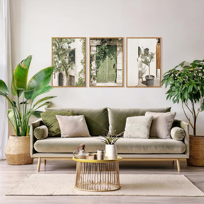 CHDITB Vintage Italy City Landscape Framed Canvas Wall Art Set Of 3, Minimalist Country Wall Decor, Nature Green Olive Tree Wall Painting, Malta Modern Art Prints for Living Room Bedroom Decor-12”x16”