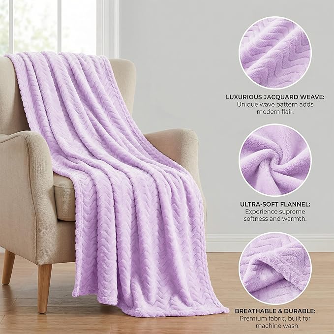 Exclusivo Mezcla Fleece Throw Blanket for Couch, Cozy Lightweight Blankets for All Season, Decorative Giftable Fuzzy Plush Wave Textured Throws for Women, Men, Lilac Purple, 50x70 Inches