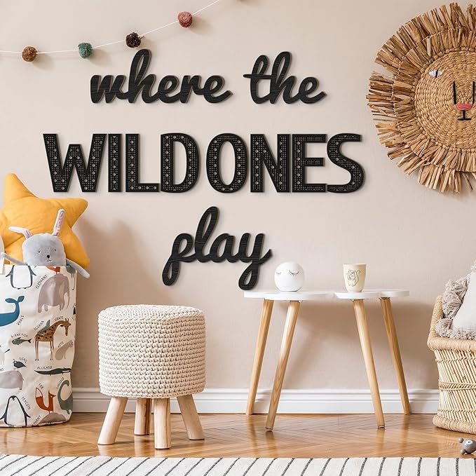 Where the Wild Ones Play Nursery Sign Wooden Playroom Wall Decor Playroom Decoration Word Play Room Sign for Wall Plaques(23 Inch,Black)