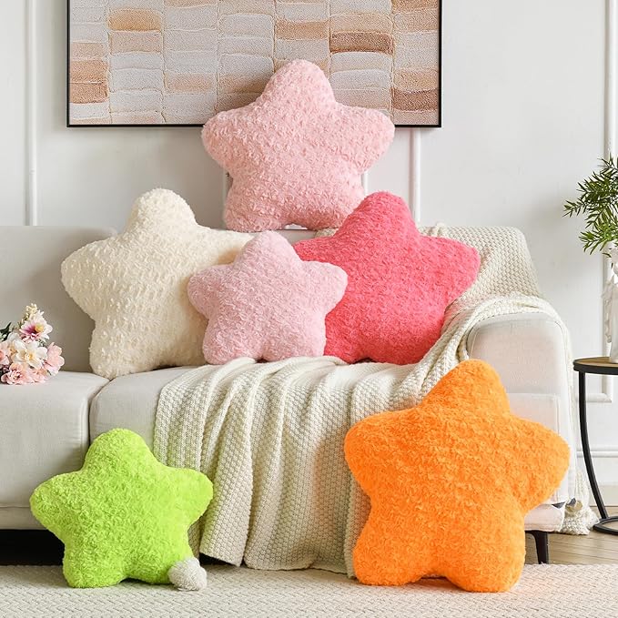 Star Pillow, 14.9" Star Shaped Plush Pillow for Couch Bed Sofa, Cute Decorative Throw Pillows with Soft Faux Fur Room Decor for Bedroom Living Room (Rose Pink)