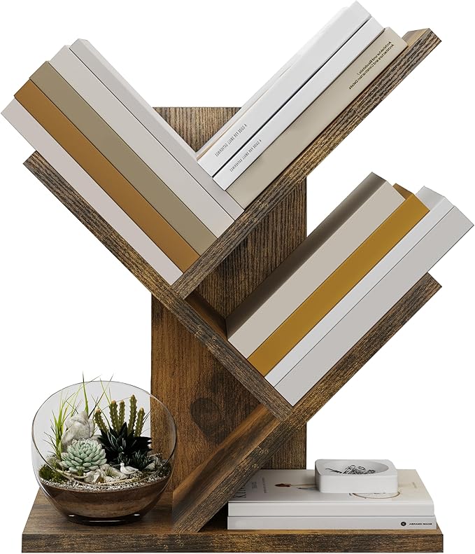 Tajsoon Tree Bookshelf 3 Tier Book Shelves Storage Organizer, Desktop Bookshelf Floor Standing Bookcase Display for Magazine/Books, Small Tree Bookshelf for Bedroom, Living Room Office, Rustic Brown