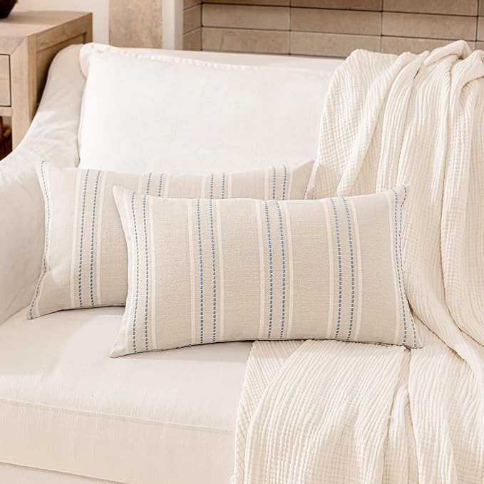 Hckot Throw Pillow Covers 12x20 Set of 2 Blue Pillow Covers Farmhouse Decorative Pillows Textured Linen Square Cushion Covers for Sofa Couch Bed Living Room Decor(Dusty Blue)