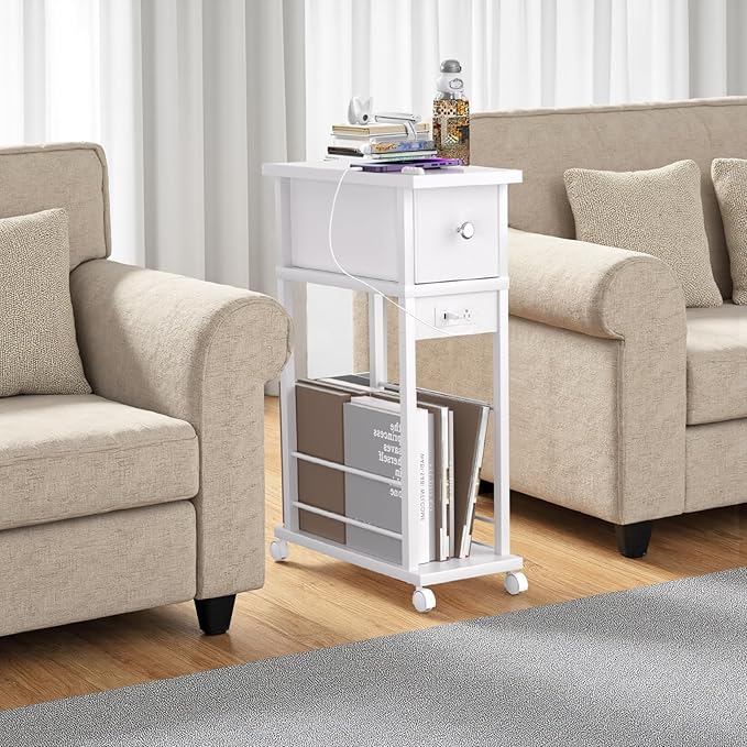 White Side Table Set of 2,Side Table with Charging Station and Drawer, Narrow End Table with USB Ports and Outlets for Small Space, Living Room, Bedroom and Office, with 4 Wheels