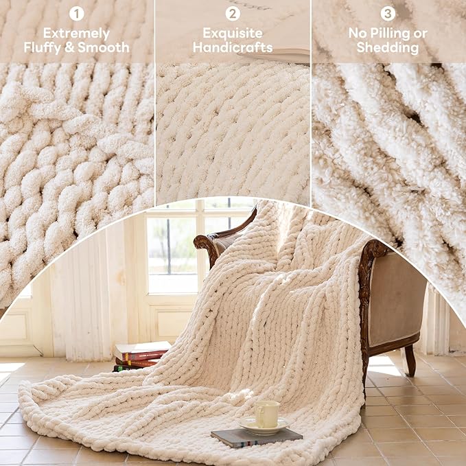Chunky Knit Blanket - Luxury Soft Cozy 60 * 80 Throw Blanket,100% Woven Blanket Rope Knot Throw Blanket for Couch, Sofa, Home Decor, Gift - Machine Washable (Cream, 60 * 80)