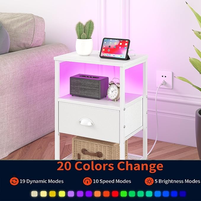 Nightstands Set of 2, LED Night Stands with Charging Station and Fabric Drawer, Bedside Tables with Drawers, 2- Tier LED Side Table End Table Charging Station Livingroom Bedroom, White