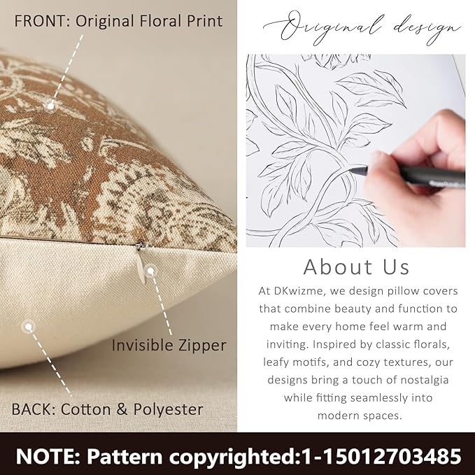 Vintage Floral Print Throw Pillow Covers 16x16 Set of 2 Neutral Modern Farmhouse Accent Decorative Cushion Covers Boho Home Decor for Couch Sofa Chair Bed Living Room, Cognac