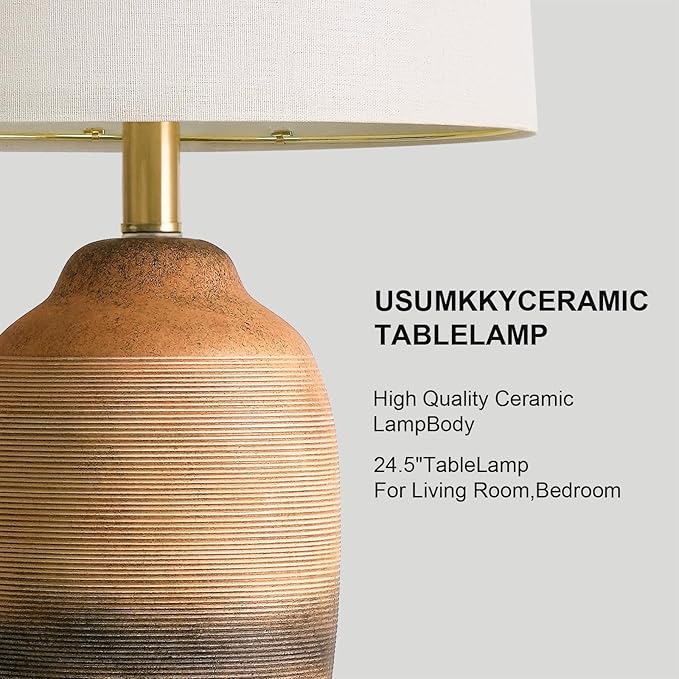 24.5" Handcrafted Ceramic Table Lamp with 5FT Cord, Single Farmhouse Vintage Rustic Bedside Lamp for Living Room Bedroom, Linen Shade Nightstand End Table Decor (Bulb Not Included)Earthy Yellow