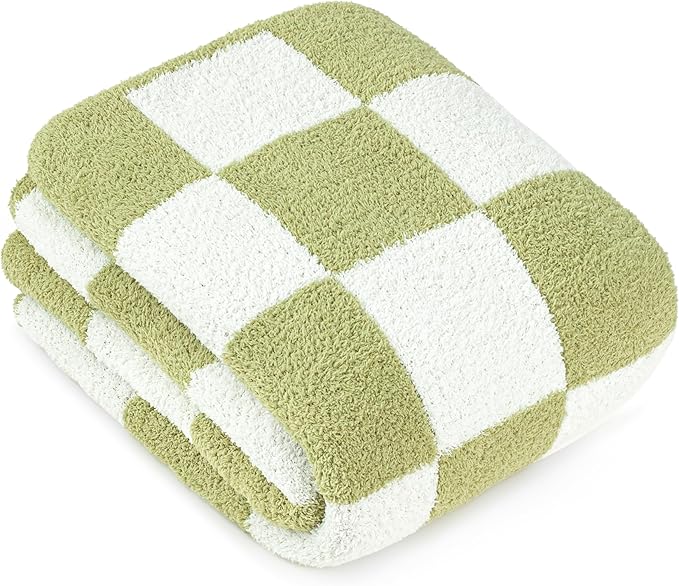PAVILIA Checkered Throw Blanket for Couch, Fluffy Cozy Lightweight Sage Green Blanket, Large Fuzzy Warm Knit Blanket for Bed Sofa, 60x80