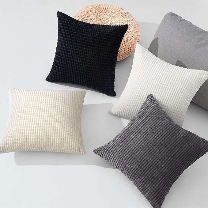 Topfinel Neutral Room Decor Throw Pillows Covers-Multi White and Black Combo 20" x 20" Set of 4-Corduroy Modern Black and White Living Room Decorative Cushion Case Euro Shams