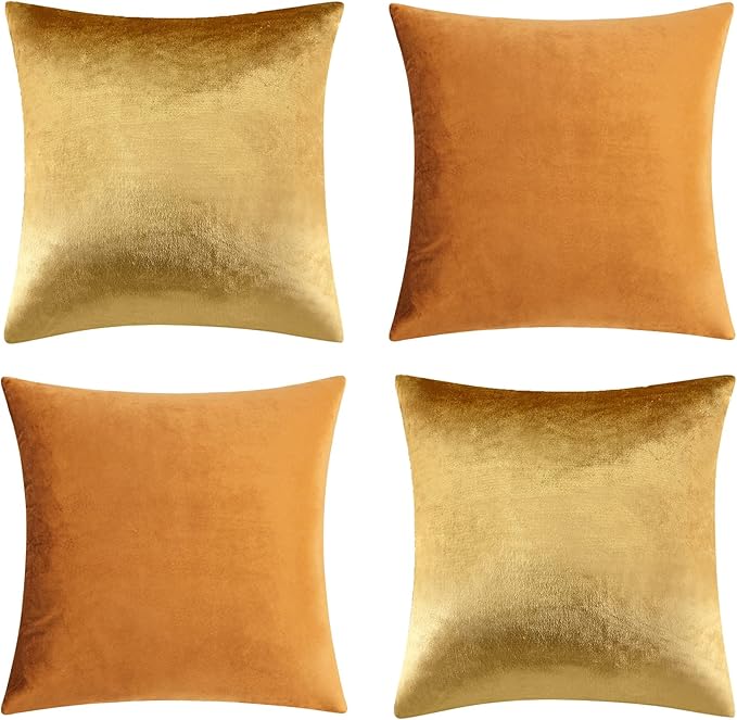 GIGIZAZA Pillow Covers 20x20 Set of 4,Gold Orange Velvet Soft Pillow Covers Decorative Square Modern Pillows Cushion Cases for Living Room