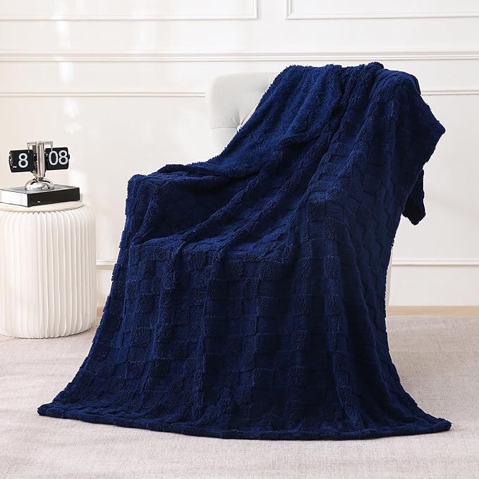 Navy Blue Fleece Throw Blanket 50”×60” for Couch Sofa Bed,Super Soft Cozy Plush Microfiber Flannel Blanket with 3D Checkered Design Lightweight for Adults,Woman,Girls