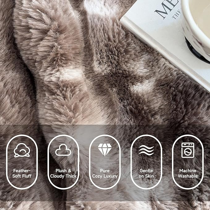 Luxury 1000GSM Faux Rabbit Fur Throw Blanket, Tie-Dye Brown, Ultra Soft Plush 3D Bubble Design, Reversible Mink Brown Blanket for Couch, Sofa, Bed & Living Room, 50"x60", Gift for Women & Family