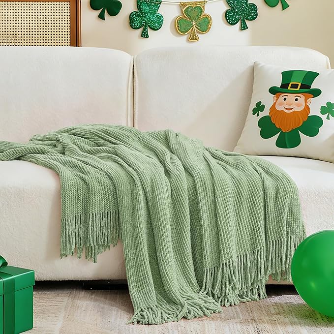 inhand Basil Green Throw Blanket for Couch Bed, St. Patrick’s Day Lucky Spring Gifts Throw for Men Women,Chunky Chenille Woven Soft Warm Blanket,Boho Farmhouse Cozy Decor,50"x60",Medium Thick