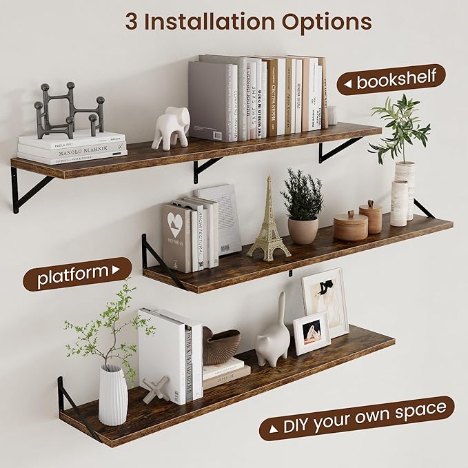 Axeman 12 Inch Deep Floating Shelves for Wall - 55 Inch Wide x 12 Inch Deep Wall Shelves Set of 2 - Rustic Wood Floating Shelves for Living Room