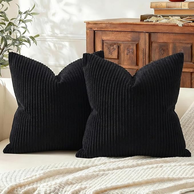 Mecatny Corduroy Decorative Throw Pillow Covers 24x24 Set of 2 for Sofa Living Room, Soft Neutral Boho Couch Pillow Covers for Home Decor, Black