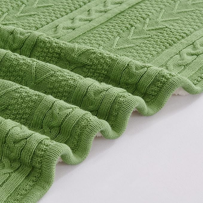 Longhui bedding Sage Green Acrylic Cable Knit Sherpa Throw Blanket - Thick, Soft, Big, Cozy Sage Green Knitted Fleece Blankets for Couch, Sofa, Bed - 50 x 63 Inches