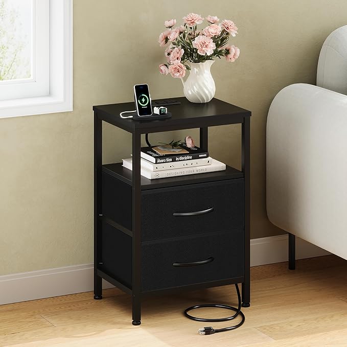 DUMOS Nightstand Set of 2 with Built in Charging Station USB Ports and Outlets Adjustable Fabric Drawer Storage Bedside Table with Open Shelf for Bedroom,Black