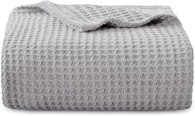 Bedsure Gentlesoft 100% Cotton Blanket Twin XL Size for College Dorm - Cooling Breathable and Soft for Spring Summer, Waffle Weave Twin Blanket for Bed, Dorm Room Essentials, Grey, 66x90 inches