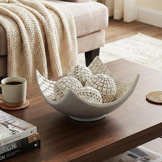 Seraphic 5pc Scoop Bowl Table Centerpieces for Dining Room, Large Decorative Bowls for Coffee Table Decor, Kitchen, Orbs/Balls Included, 14" diagonal. 11" wide and 5.75" tall, White