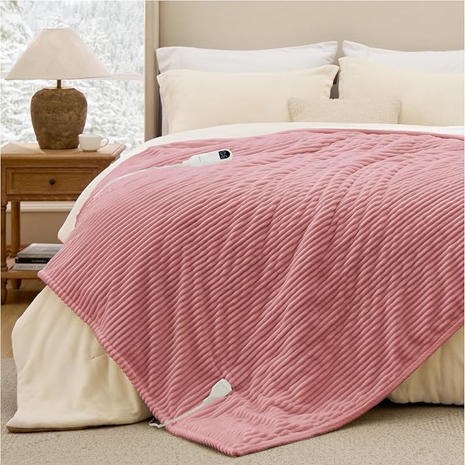 Bedsure GentleSoft Electric Blanket Twin - Soft Ribbed Flannel Heated Blanket, Heating with 10 Time Settings, 6 Heat Settings, and 8 hrs Timer Auto Shut Off (62x84 inches, Pink)