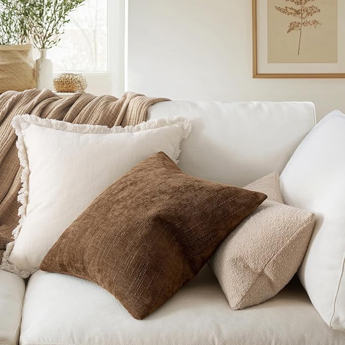 MIULEE Pack of 2 Decorative Throw Pillow Covers Soft Chenille Throw Pillows Solid Neutral Farmhouse Textured Cushion Covers for Couch Sofa Bedroom Living Room 18x18 Inch,Honey Brown