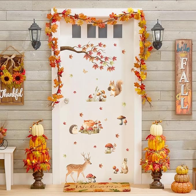 HLNIUC Autumn Forest Animal Double Sided Wall Decal(35”x24”) Cute Deer Rabbit Squirrel Cartoon Wall Sticker,Fall Maple Leaf Forest Theme Art Decal,Fall Jungle Animals for Kids Room Nursery