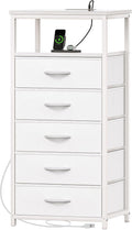 Huuger White Dresser with 5 Drawers & Charging Station, Tall Dresser for Bedroom, Tall Night Stand with PU Leather Finish, Open Shelf, Nightstand for Bedroom, Closet, Hallway, Entryway