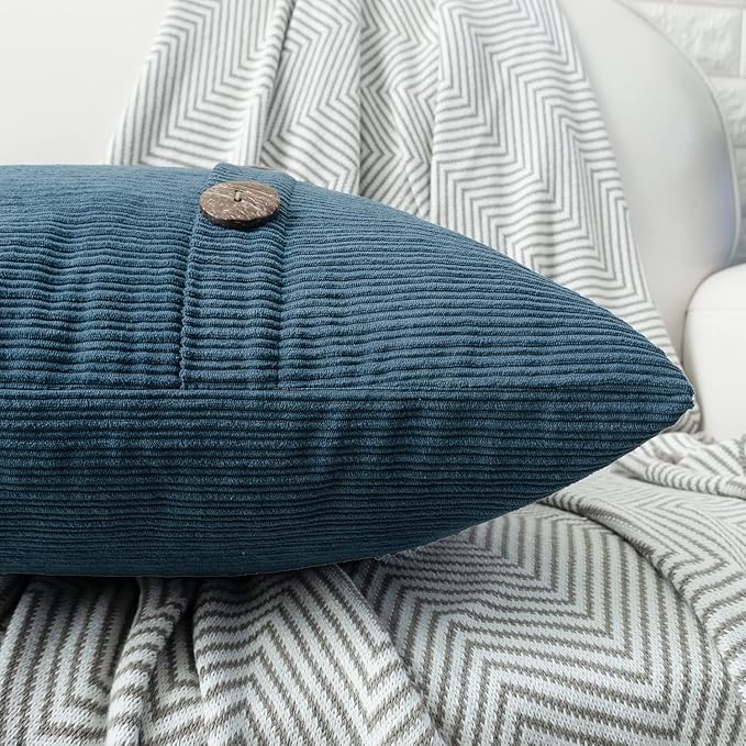 HWY 50 Blue Chenille Throw Pillow Covers 12x20 Inch with Triple Buttons, Soft Farmhouse Accent Decorative Cushion Cases for Couch Sofa Living Room Pack of 2 Rectangle