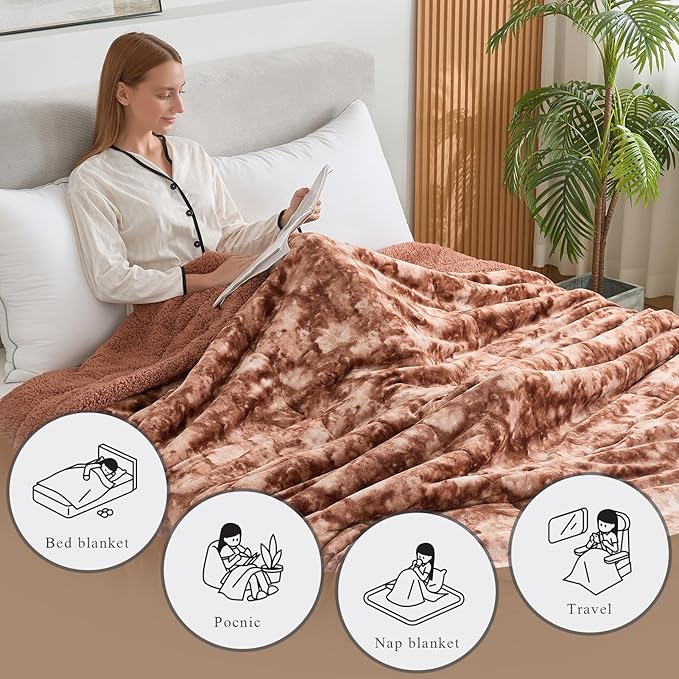 CHOSHOME Sherpa Fleece Blanket- Thick Warm Blanket for Winter, Soft Fuzzy Plush Blanket for Bed, Couch, Travel (Tie Dye Brown, King 90" x 108")