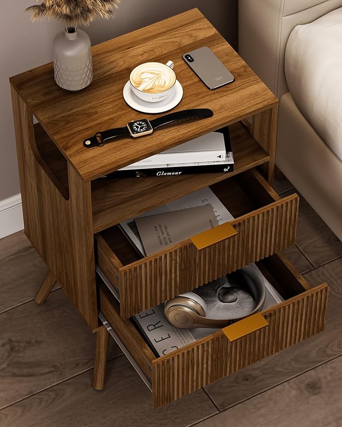 Mid Century Modern Nightstand, Modern Night Stand with 2 Storage Drawer and Opening Storage, Fluted Bedside Table with Solid Wood Legs for Bedroom