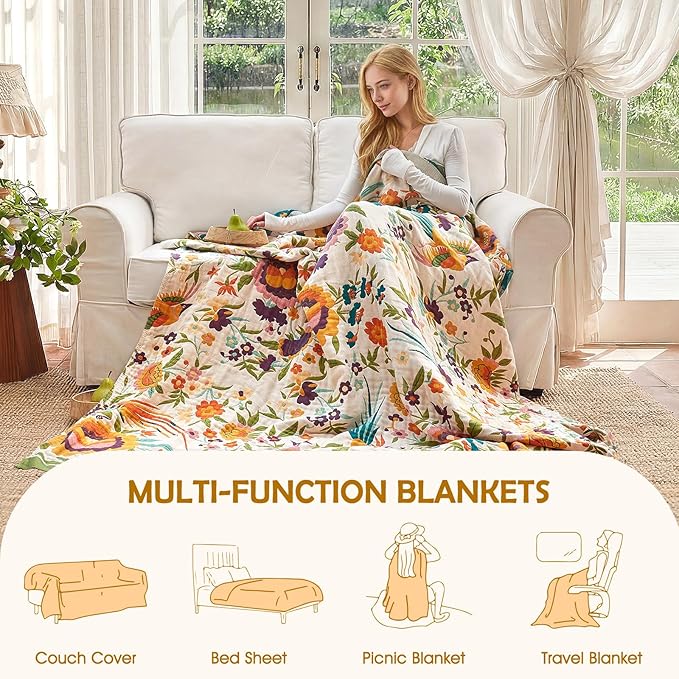 Boho Throw Blanket - 90"x90" 100% Cotton Ultra Soft Lightweight Blanket, 4-Layer Breathable Muslin Spring Blankets for Bed Couch, Reversible Green Floral Bird Printed Bohemian Cotton Quilt