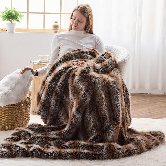 NEWCOSPLAY Faux Fur Twin Blanket Luxury Fluffy Thick Warm Blanket for Couch Sofa Bed 1000GSM (Stripe Dark Brown Thick, Twin(60"x80"))