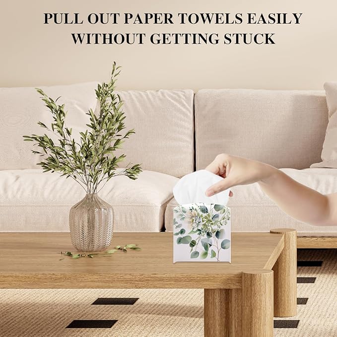 Leaves and Flowers Tissue Box Cover, Watercolor Green Tissue Holder Square with Bottom Belt for Home Bathroom Office Vanity Countertop, Housewarming Gifts Ideas for Women Friends Mom Bestie -01