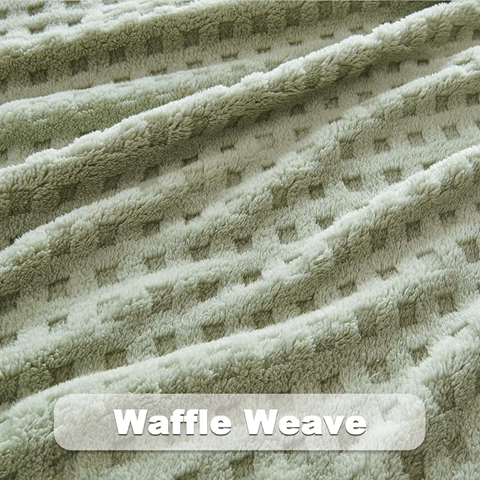 NEWCOSPLAY Super Soft Throw Blanket Green Premium Silky Flannel Fleece 3D Waffle Checkered Lightweight Bed Blanket All Season Use (Sage Green, Throw(50"x70"))