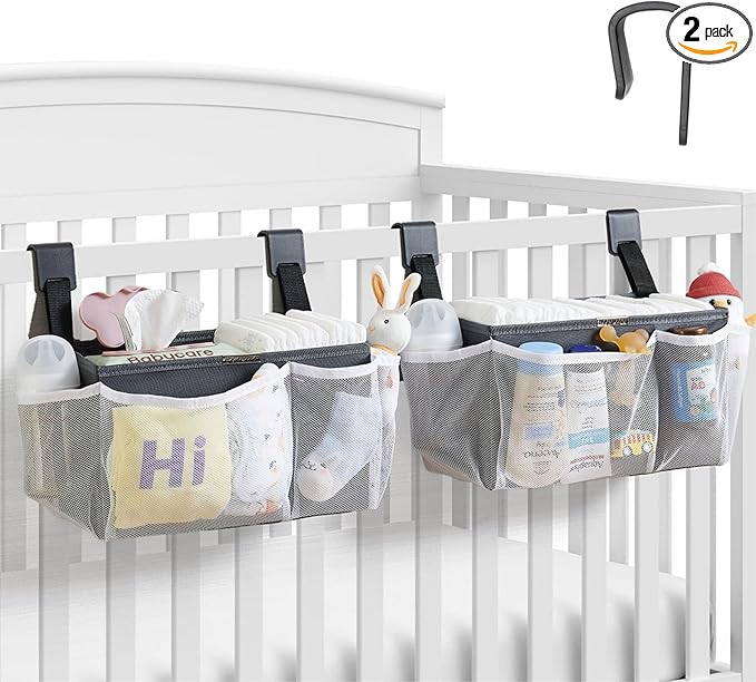 2-Pack Hanging Diaper Organizer for Crib & Changing Table | 50+ Large Capacity Baby Diaper Caddy, Washable Newborn Essentials Organizer for Baby Girl, Ideal Baby Shower Gifts with Hook Straps