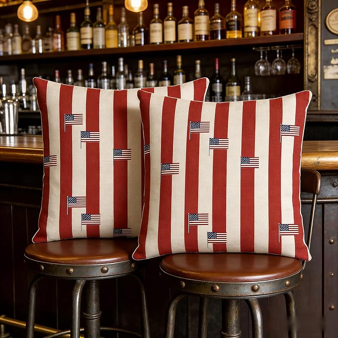 Patriotic Throw Pillow Covers, Red White Blue, Linen, 18x18 Inch, Set of 2, Farmhouse Style, July 4th Independence Day