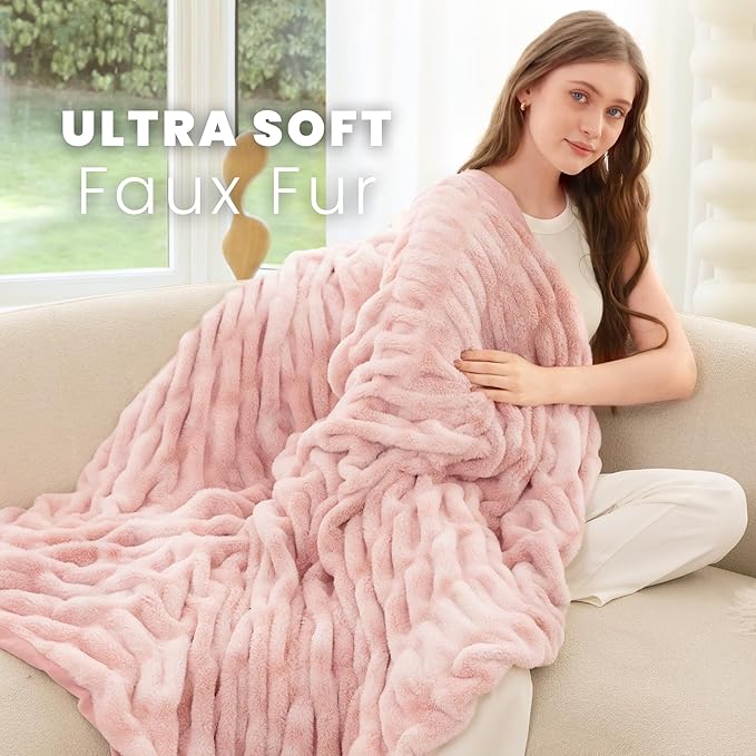 Ultra Soft Faux Rabbit Fur Throw Blanket, Cozy Fuzzy Blanket for Couch Bed, Plush Warm Decor Gifts, Luxury Thick Fluffy Blanket for Women,50x60 inches, Tie-Dyed in Pink