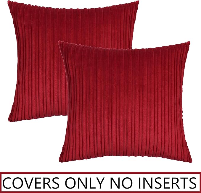 UGASA Corduroy Striped Soft Decorative Throw Pillow Covers Soild Square Set Cushion Cases Christmas Decor Pillowcases for Sofa Bedroom, 2 Pcs, 16x16inch, Red